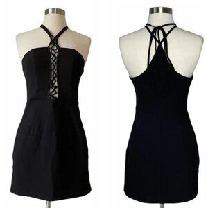 NEW NBD Lace Up Front Halter Black Mini Dress S